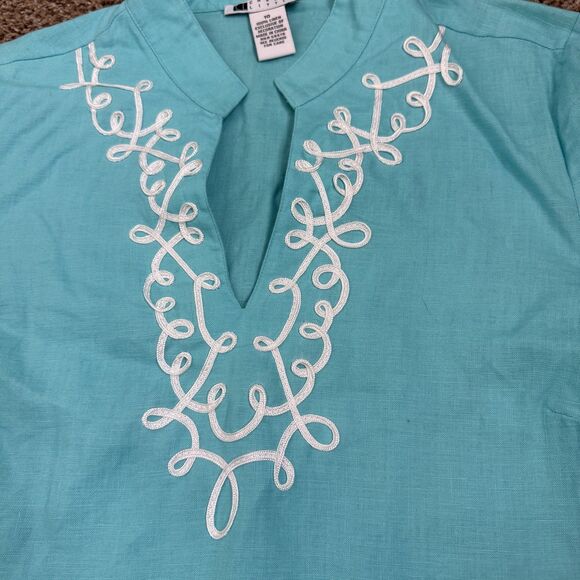 Carole Little Women’s 100% Linen Turquoise Tunic Top 3/4 Sleeve Sz 10 Coastal - Picture 6 of 9